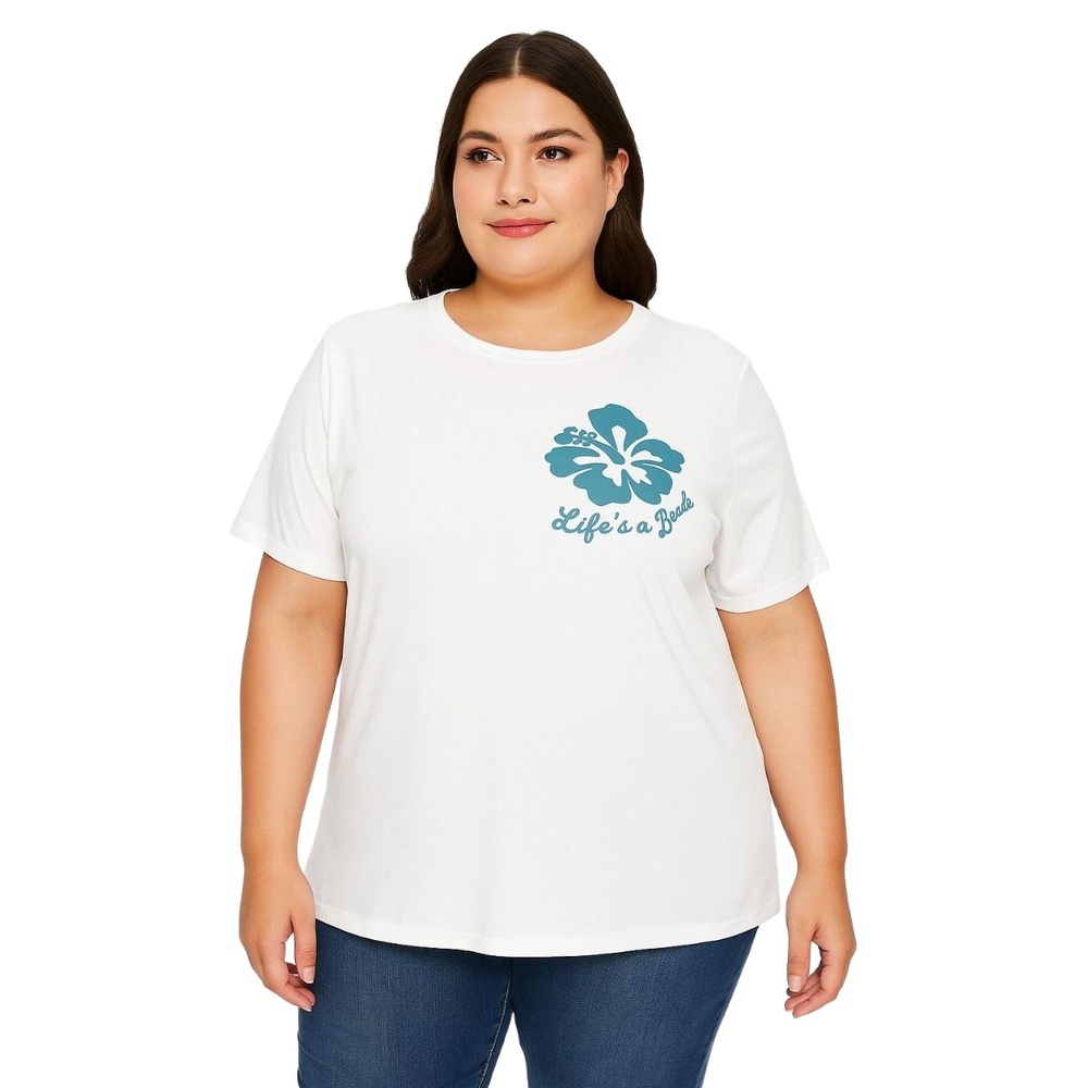 SHEIN Womens T-shirt Size 4XL White Blue Print Graphic Tee Hibiscus Flower